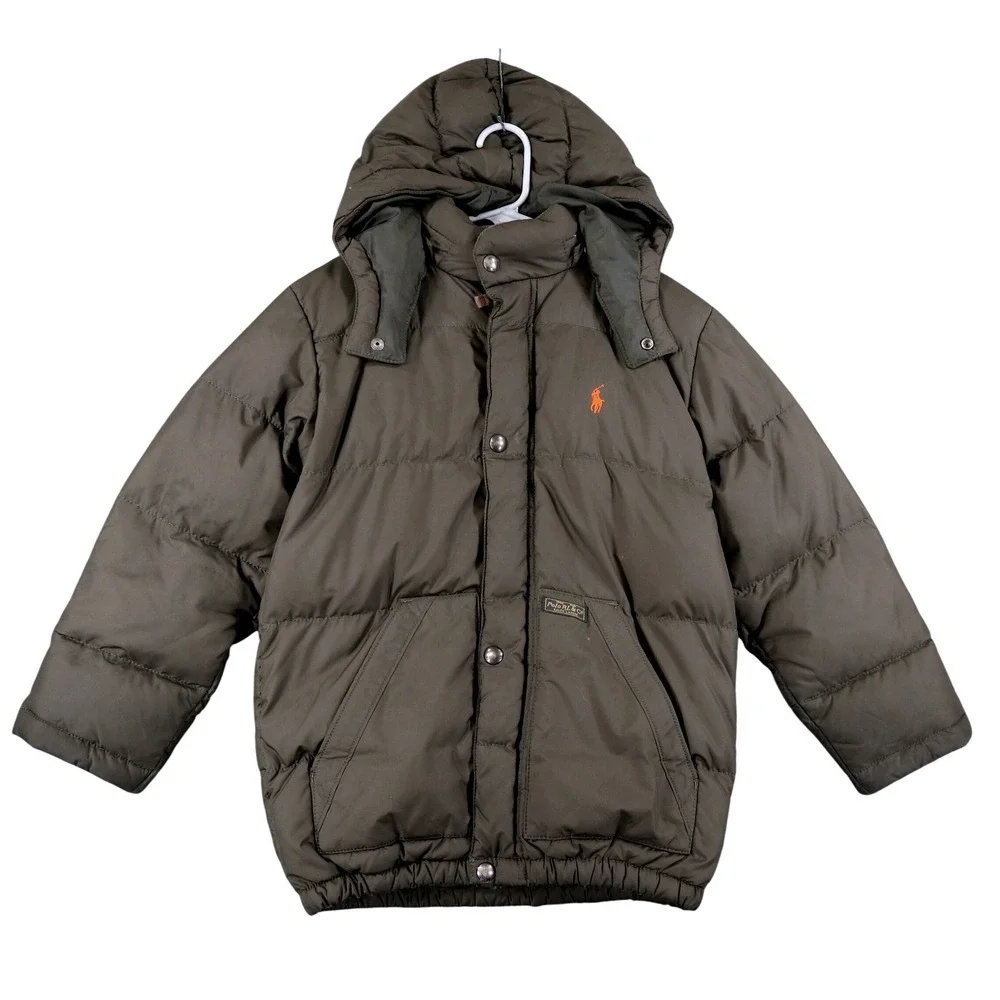 Polo Ralph Lauren Puffer Jacket Kids 7 Green Down Filled Hooded Winter Coat